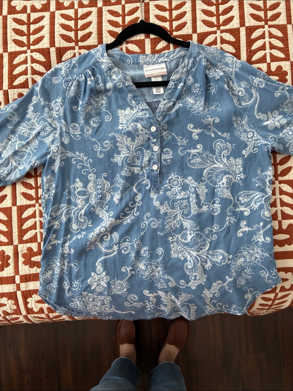 Alfred Dunner Blue and White Paisley Henley Blouse